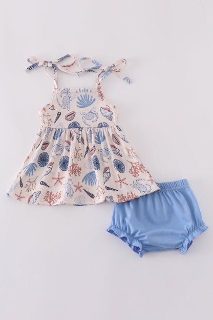 Blue ocean breeze shells print bloomer set