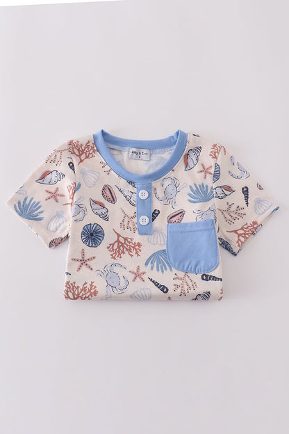 Blue ocean breeze shells print dad&me top