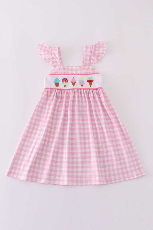 Pink ice cream embroidery gingham dress