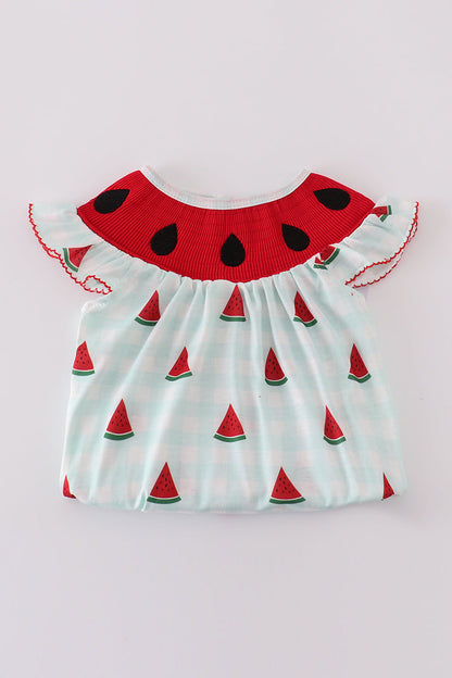 Green watermelon print smocked bubble