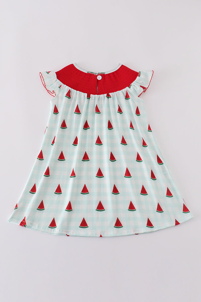 Red watermelon embroidery smocked dress