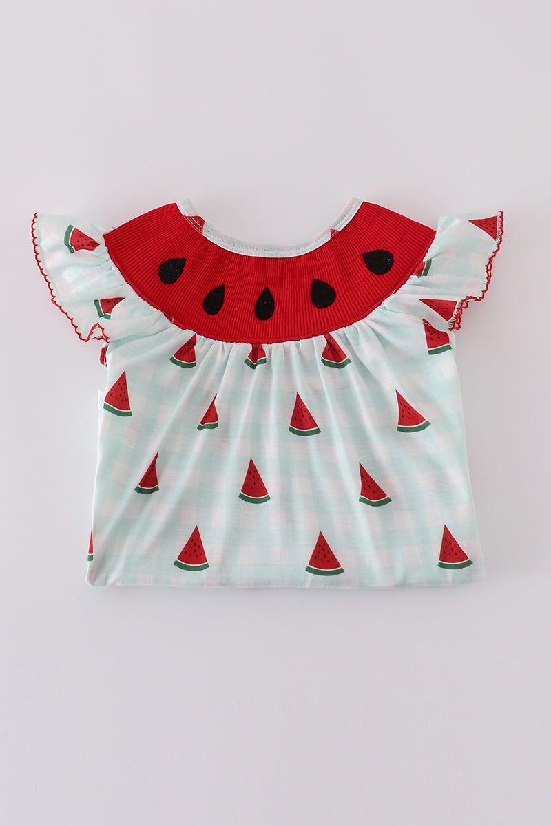 Red watermelon embroidery smocked dress