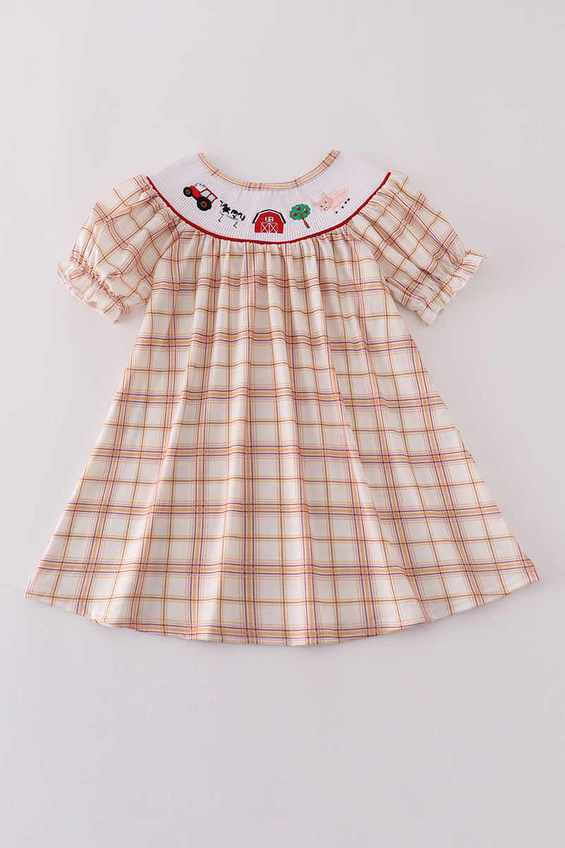 Khaki farm embroidery smocked plaid dress