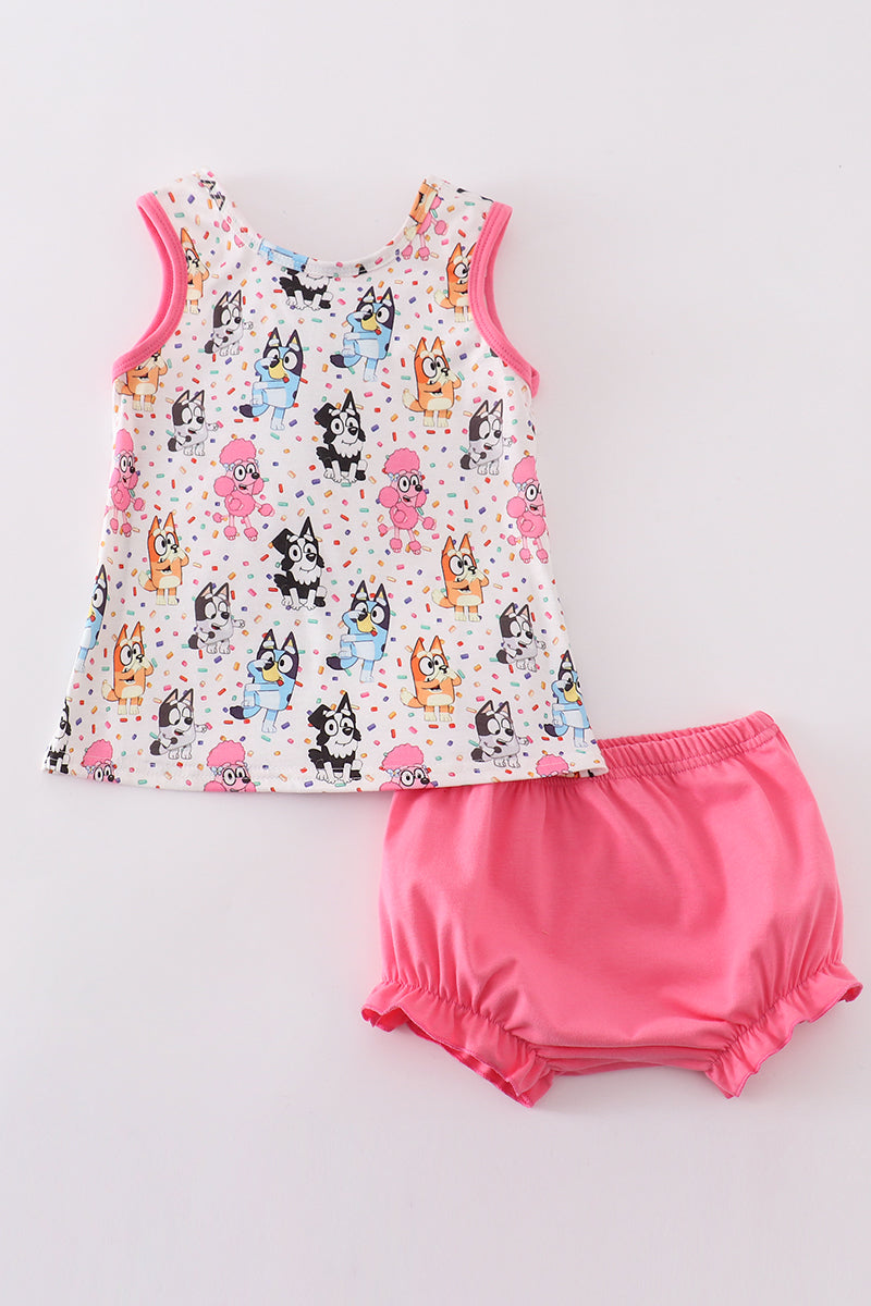 Pink character birthday print girl bloomer set