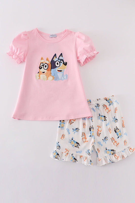 Pink character applique girl set