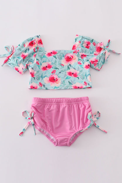 Blushing rose garden print girl 2pc swimsuit