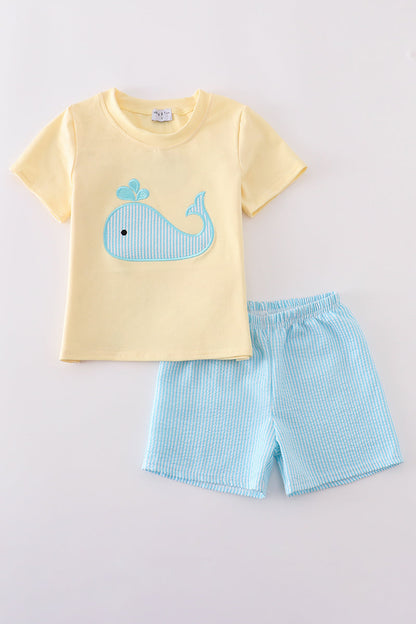 Yellow whale applique boy set