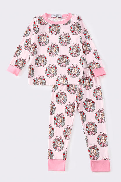 Pink christmas character print girl pajamas set