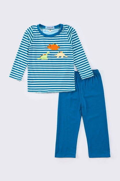 Blue stripe dinosaur applique boy set