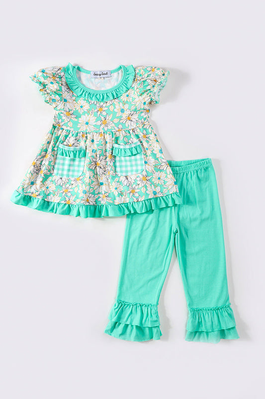 Green floral print girl set