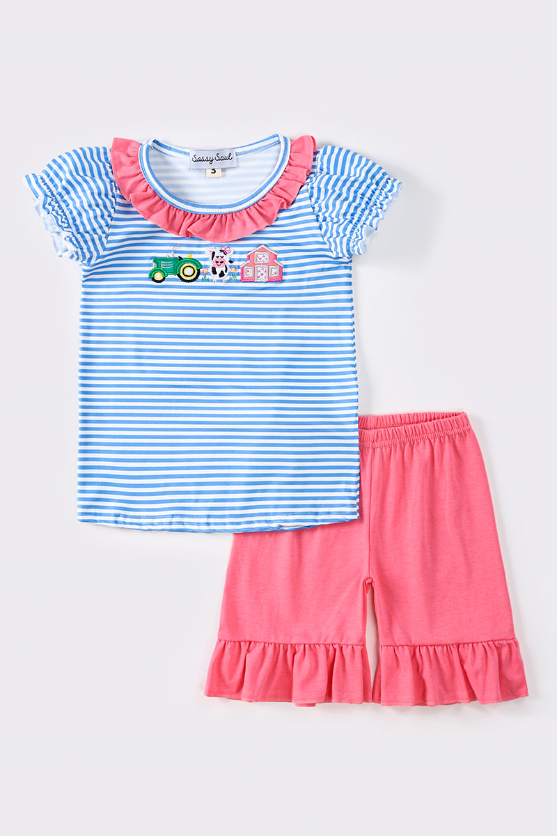 Blue stripe farm embroidery girl set