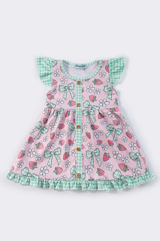 Pink strawberry print girl ruffle dress