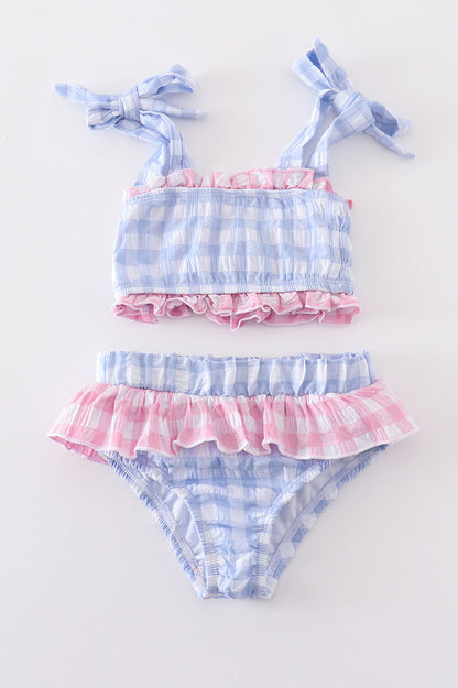 Blue seersucker gingham 2pc swimsuit