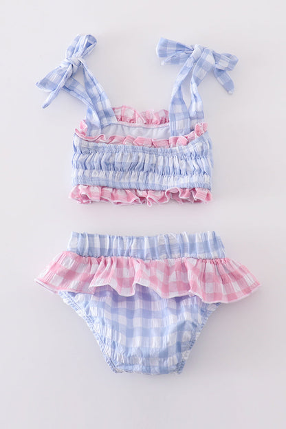 Blue seersucker gingham 2pc swimsuit