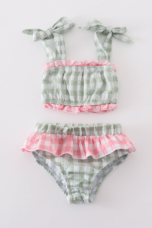 Green seersucker gingham 2pc girl swimsuit