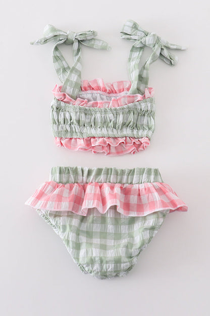 Green seersucker gingham 2pc girl swimsuit