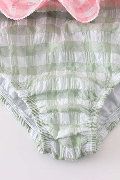 Green seersucker gingham one-piece girl swimsuit