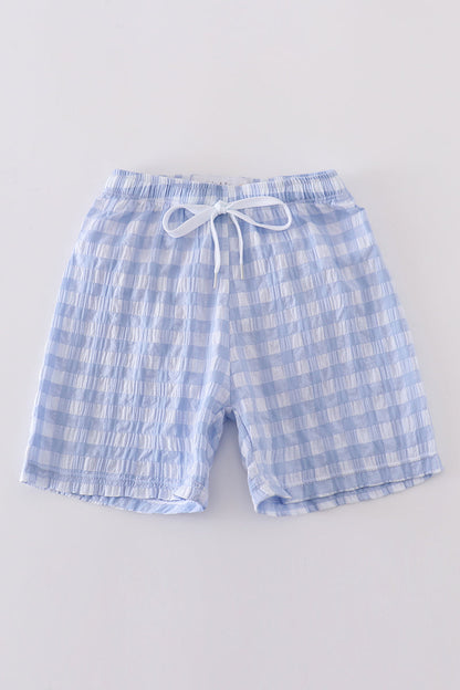 Blue seersucker gingham boy swim trunks