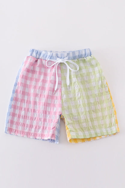 Multicolored gingham boy swim trunks