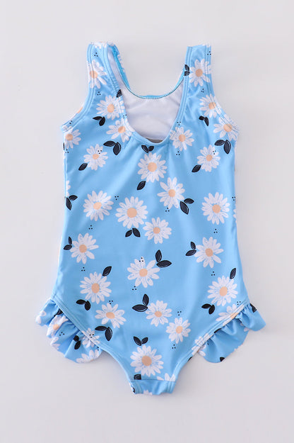 Blue daisy print one-piece girl swimsuit UPF50+