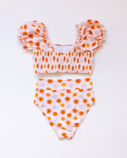 Orange floral print smocked bikini 2pc women swimsuit